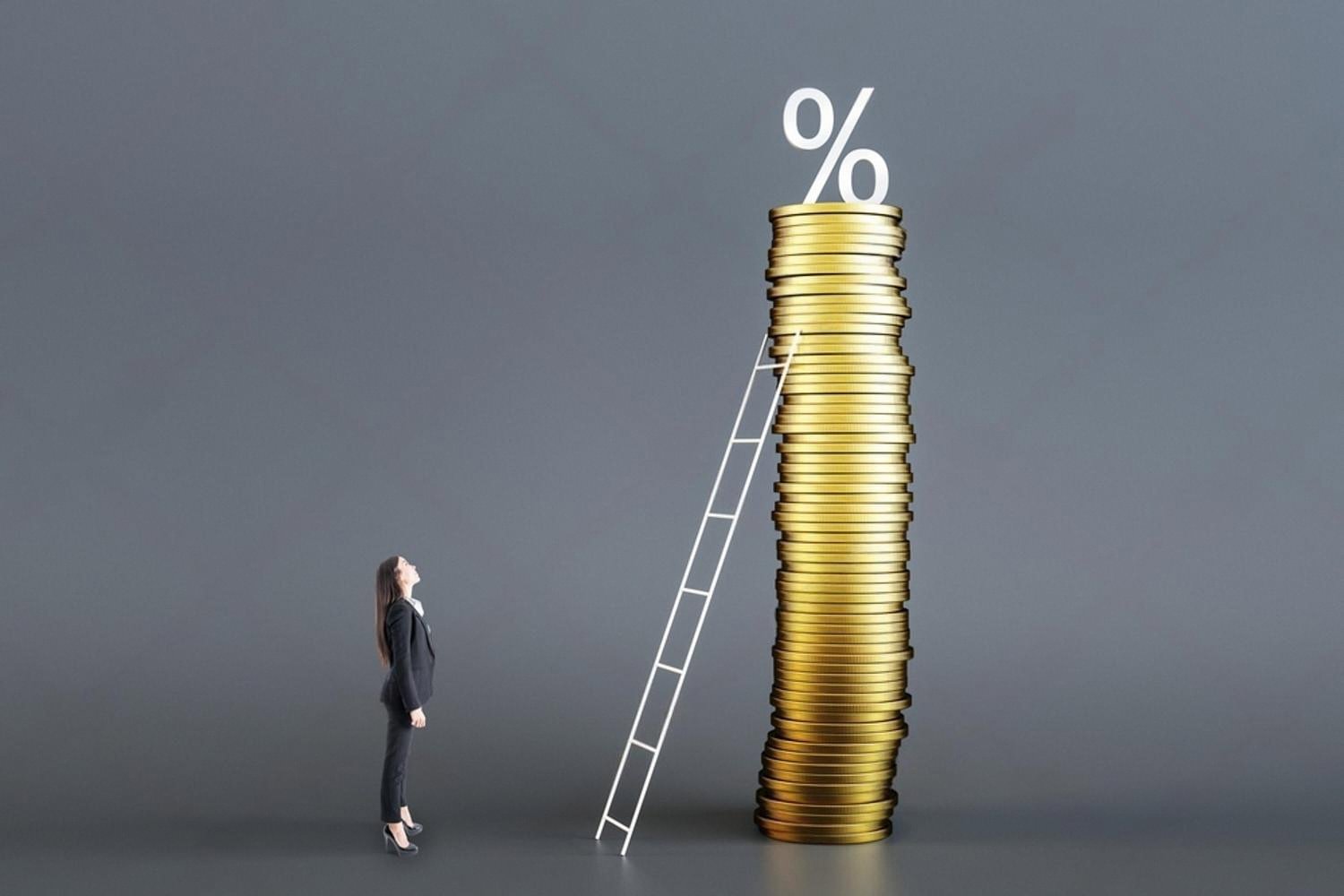Woman looking up at a tall stack of gold coins topped with a percentage symbol, symbolising interest and inflation